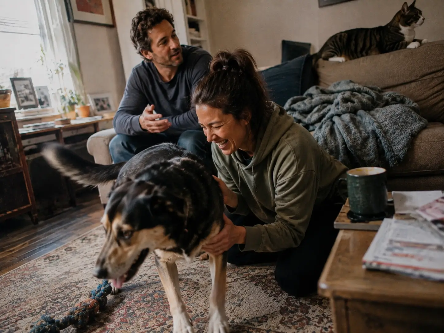 A dog and a cat at home with their owner.